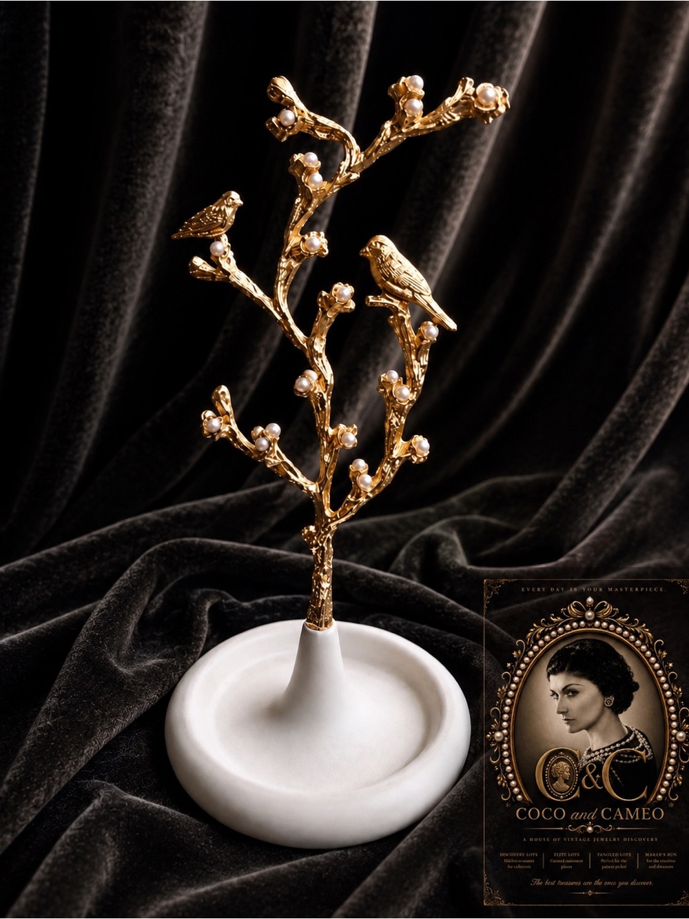 🌹 Gold Bird Pearl Jewelry Stand | Branch Tree Ring Holder Trinket Display Decor - Picture 2 of 8